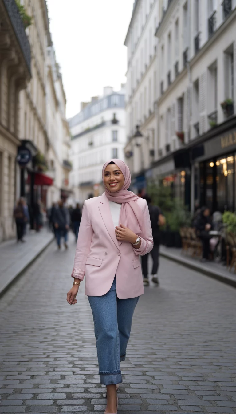 A beautiful 30-year-old woman in a light pink blazer, a matching pink hijab, and cuffed denim jeans, she walks down a Parisian-style street with stone buildings.