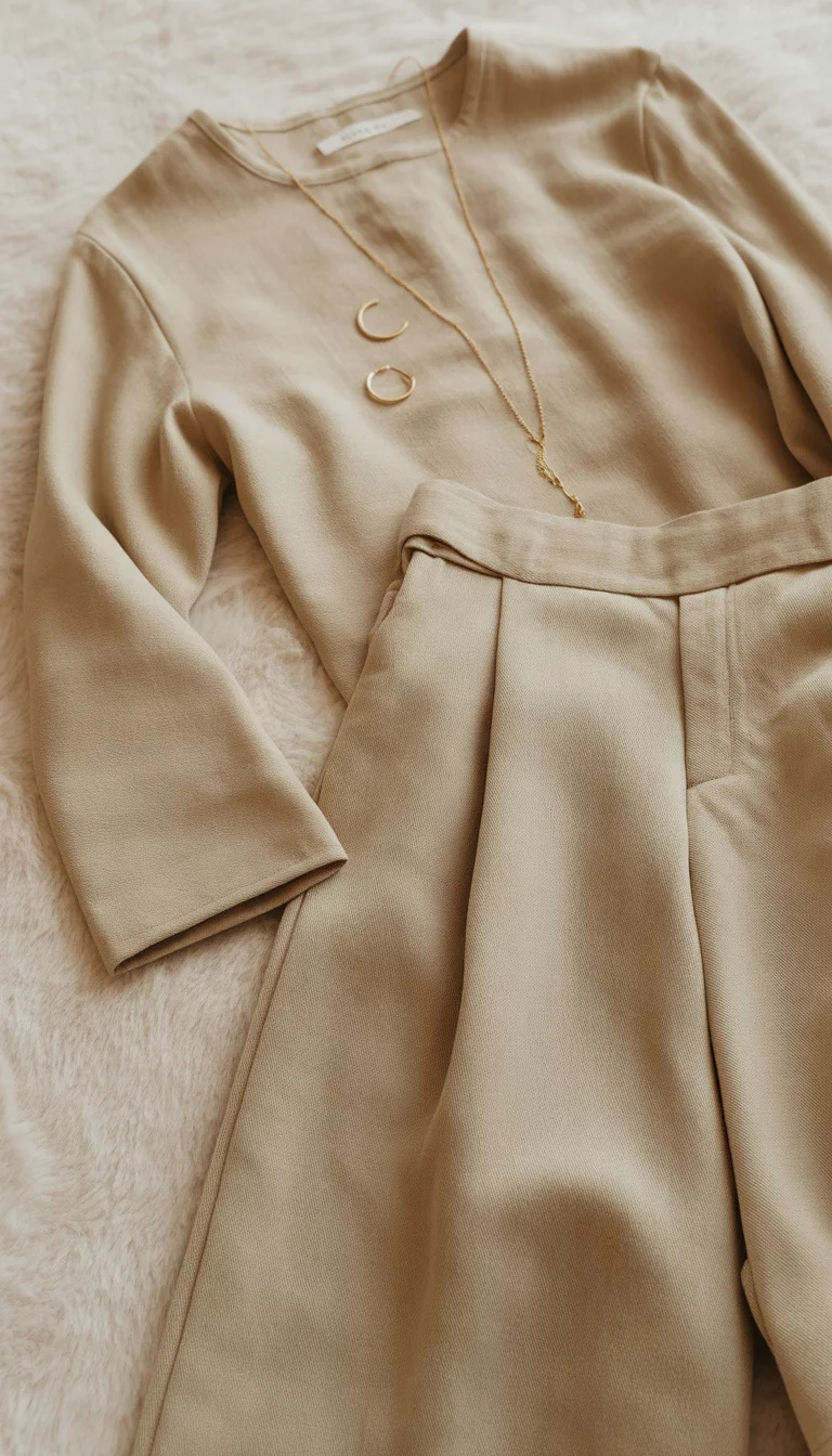 A flat lay of a beige tunic top with long sleeves and matching wide-legged pants on a neutral background, styled with simple gold jewelry.