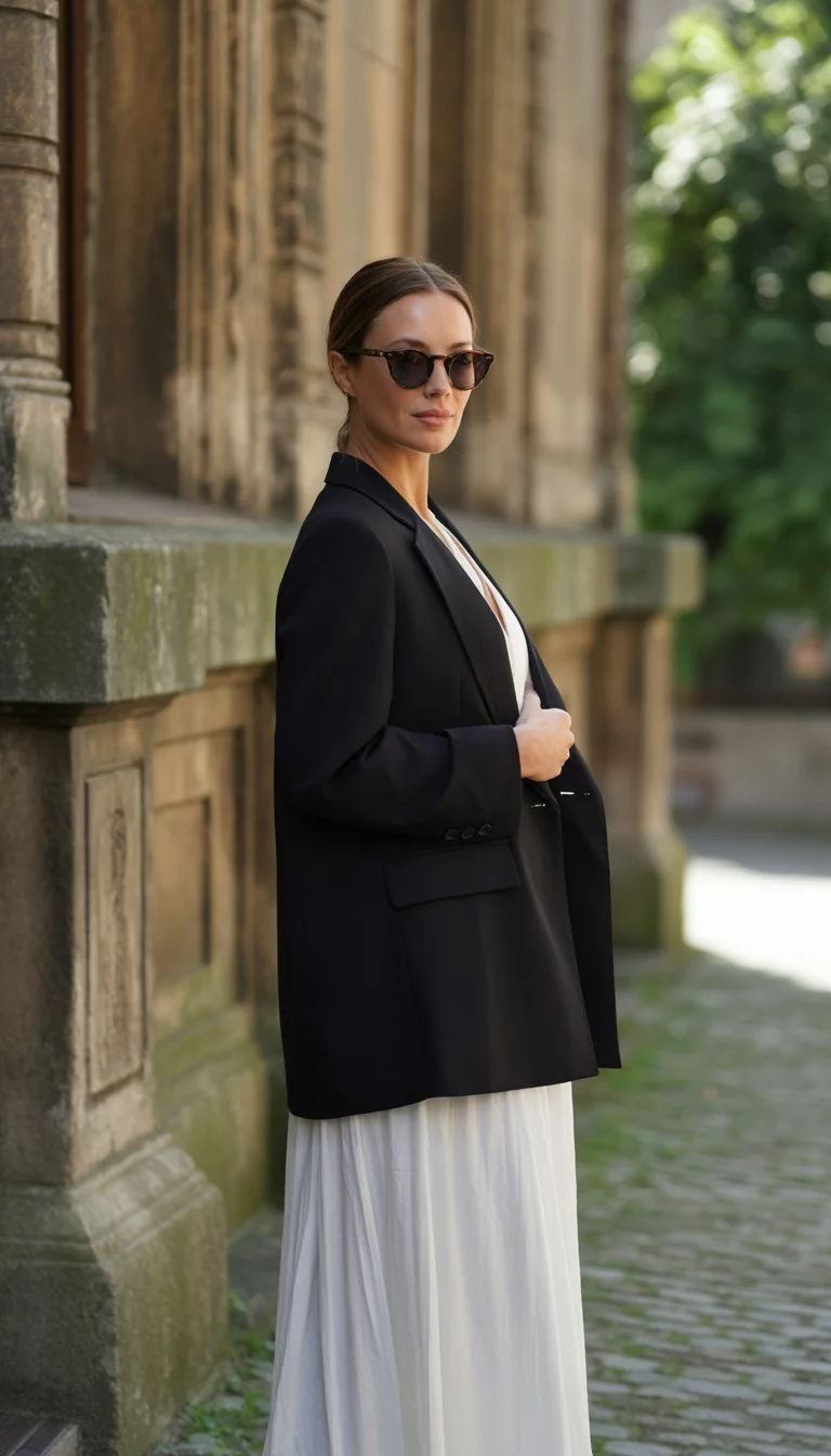 A beautiful 38-year-old woman in an oversized black blazer over a long white maxi dress with sunglasses, she stands against a historic stone building.