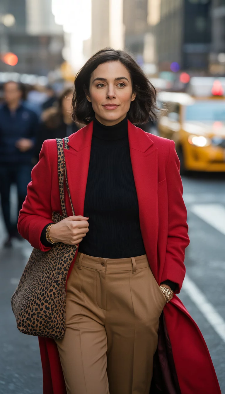 A beautiful 36-year-old woman in a bright red wool coat, a black turtleneck, tan trousers, and carrying a leopard print tote bag on a busy city street.