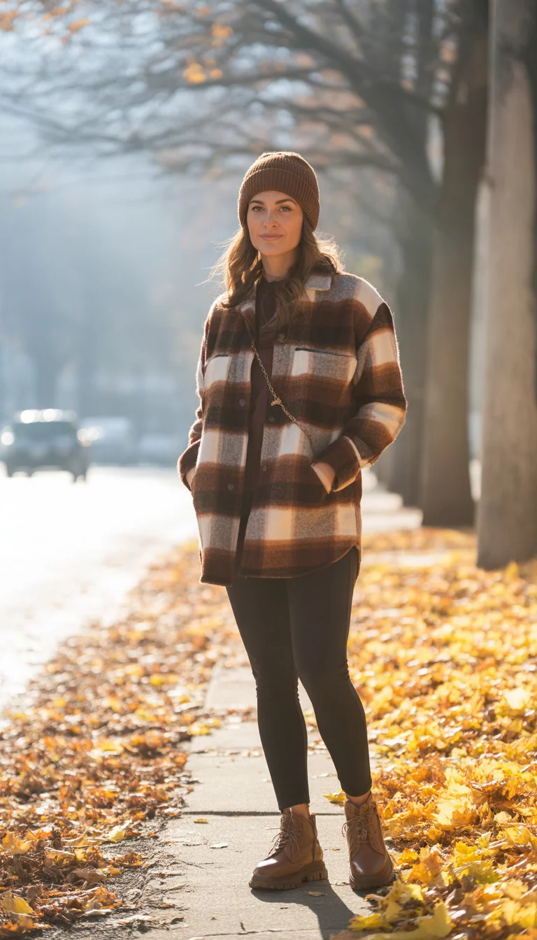 A beautiful 23-year-old woman in a brown and tan plaid shirt jacket, a knit beanie, and leggings, she stands on a sidewalk covered in fallen autumn leaves.