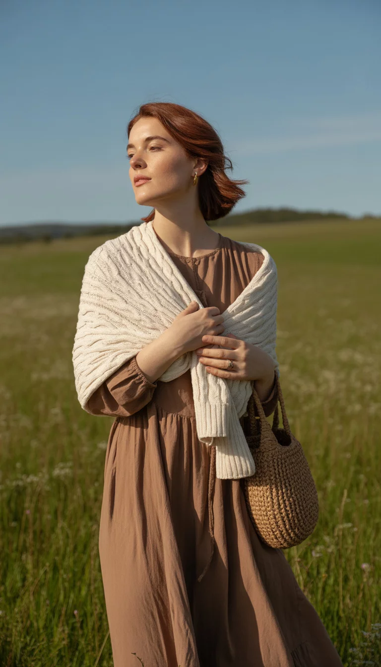 A beautiful 34-year-old woman in a long mocha-colored dress with a white sweater draped over her shoulders and holding a woven bag, she stands outdoors in soft light.