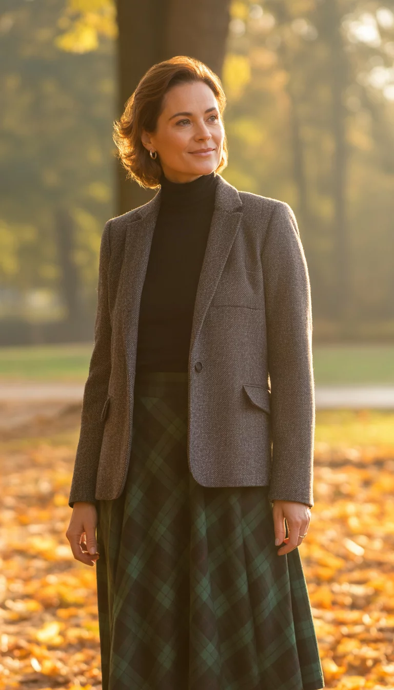 A beautiful 40-year-old woman in a grey tweed blazer, a black turtleneck, and a green plaid midi skirt, she stands in a park with fallen orange leaves.