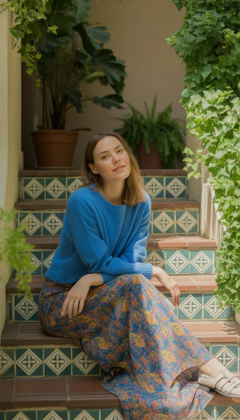 A beautiful 24-year-old woman in a bright blue knit sweater and a colorful floral maxi skirt, she sits on decorative tiled stairs in a sunlit courtyard.