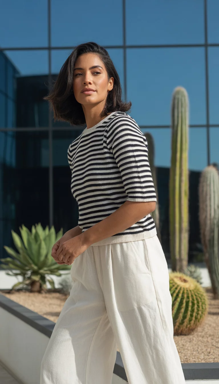 A beautiful 32-year-old woman in a black and white striped knit top and wide-leg white linen pants, she stands outside a modern glass building featuring desert cactus landscaping.