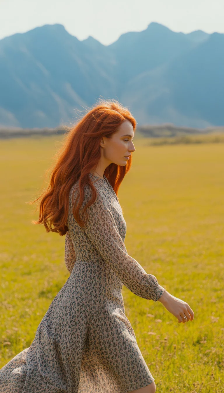 A beautiful 29-year-old woman with red hair in a patterned long-sleeved midi dress, she walks through a golden grassy field with blue mountains in the distant background.