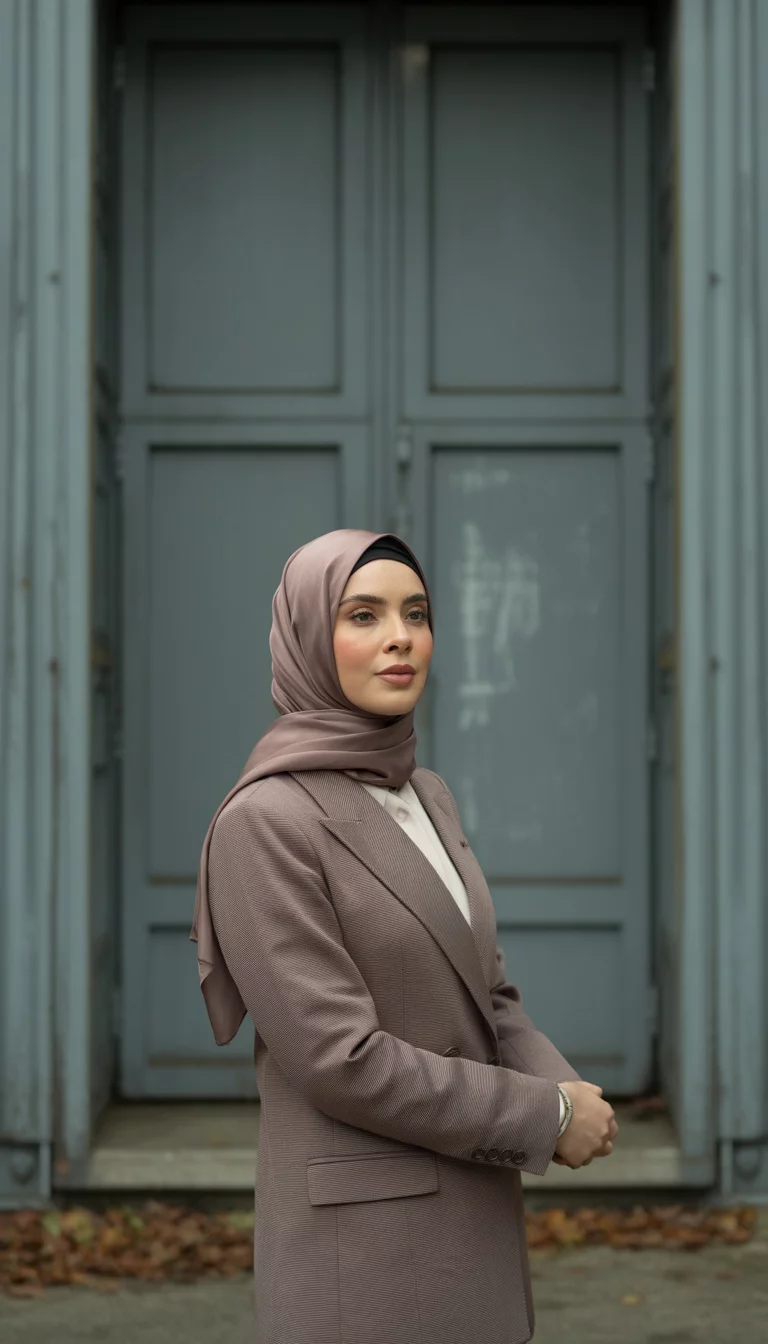 A beautiful 26-year-old woman in a brown tailored suit, a matching silk hijab, and a white structured purse, she stands in front of a large grey industrial warehouse door.