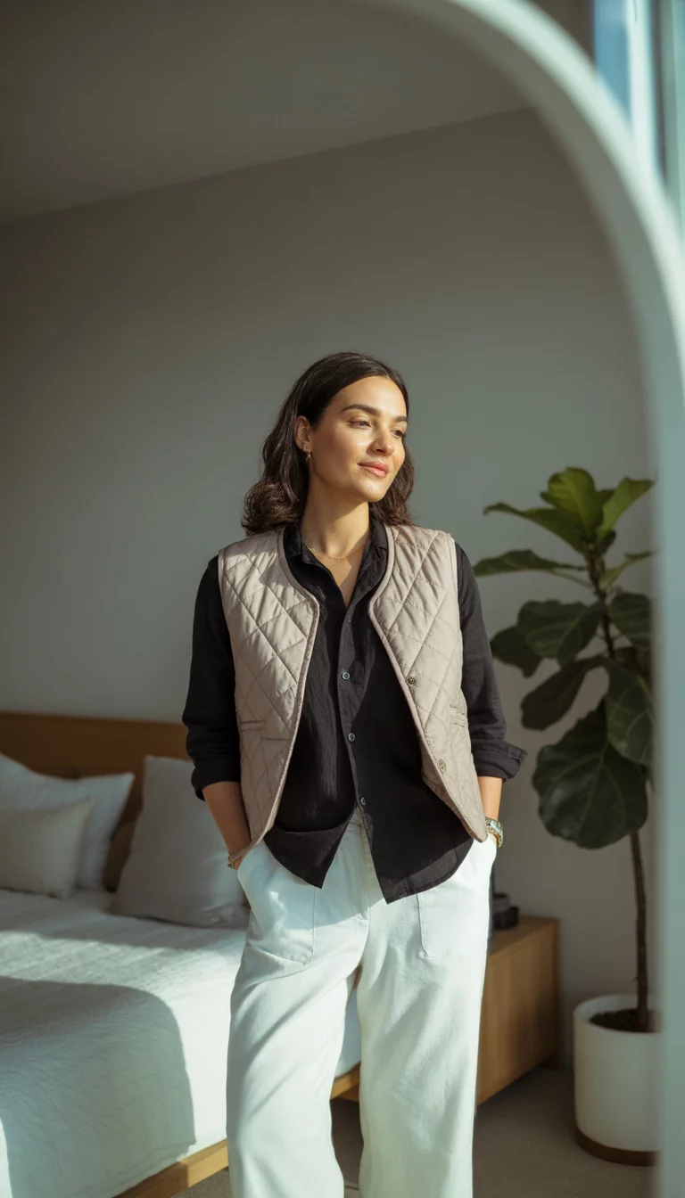 A beautiful 29-year-old woman in a black long-sleeved shirt, a beige quilted vest, and white wide-leg pants, she takes a mirror selfie in a modern bedroom.