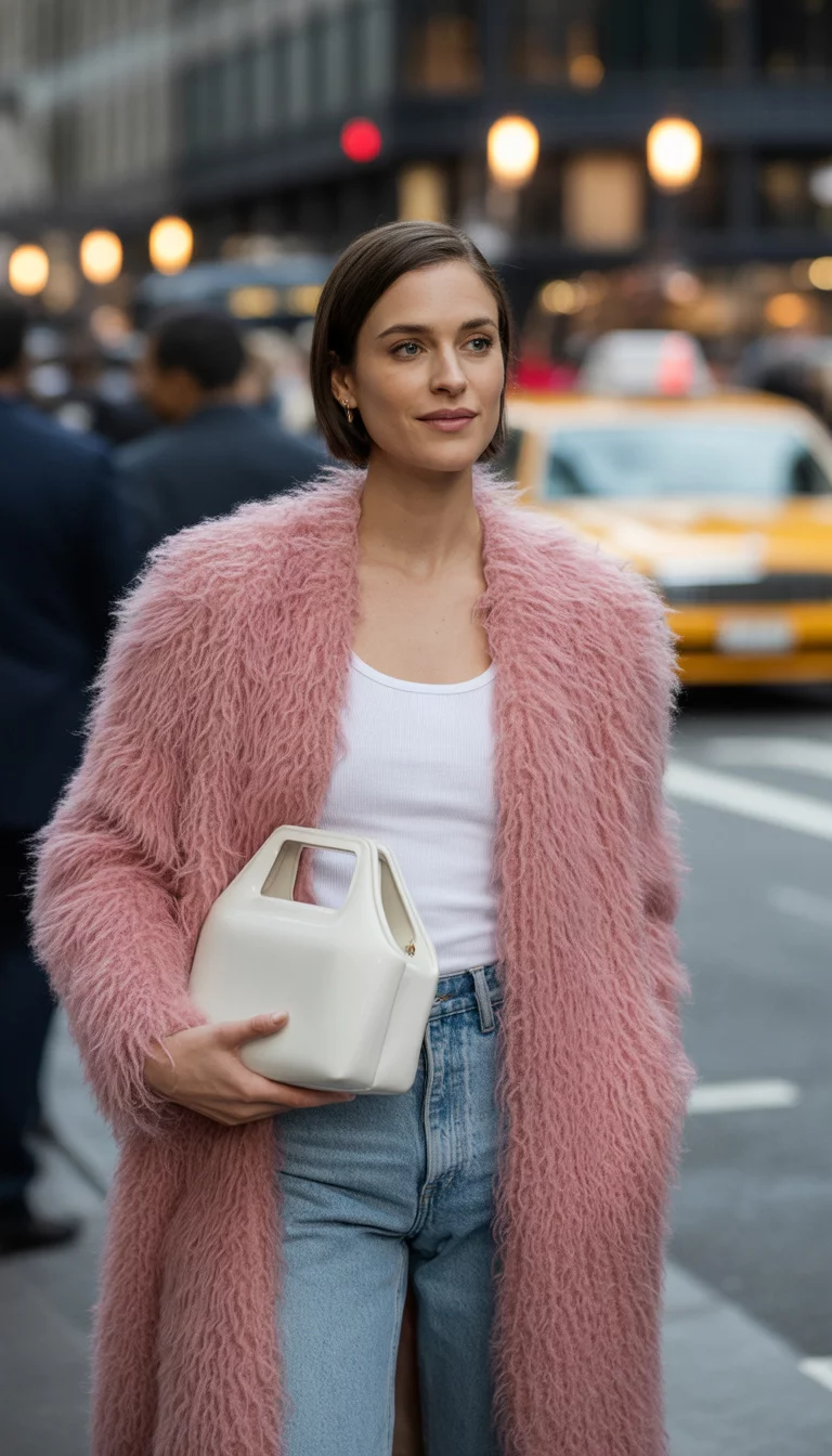 A beautiful 25-year-old woman in a fuzzy pink duster coat, a white tank top, light-wash denim jeans, and holding a white structural handbag, she stands on a sidewalk.