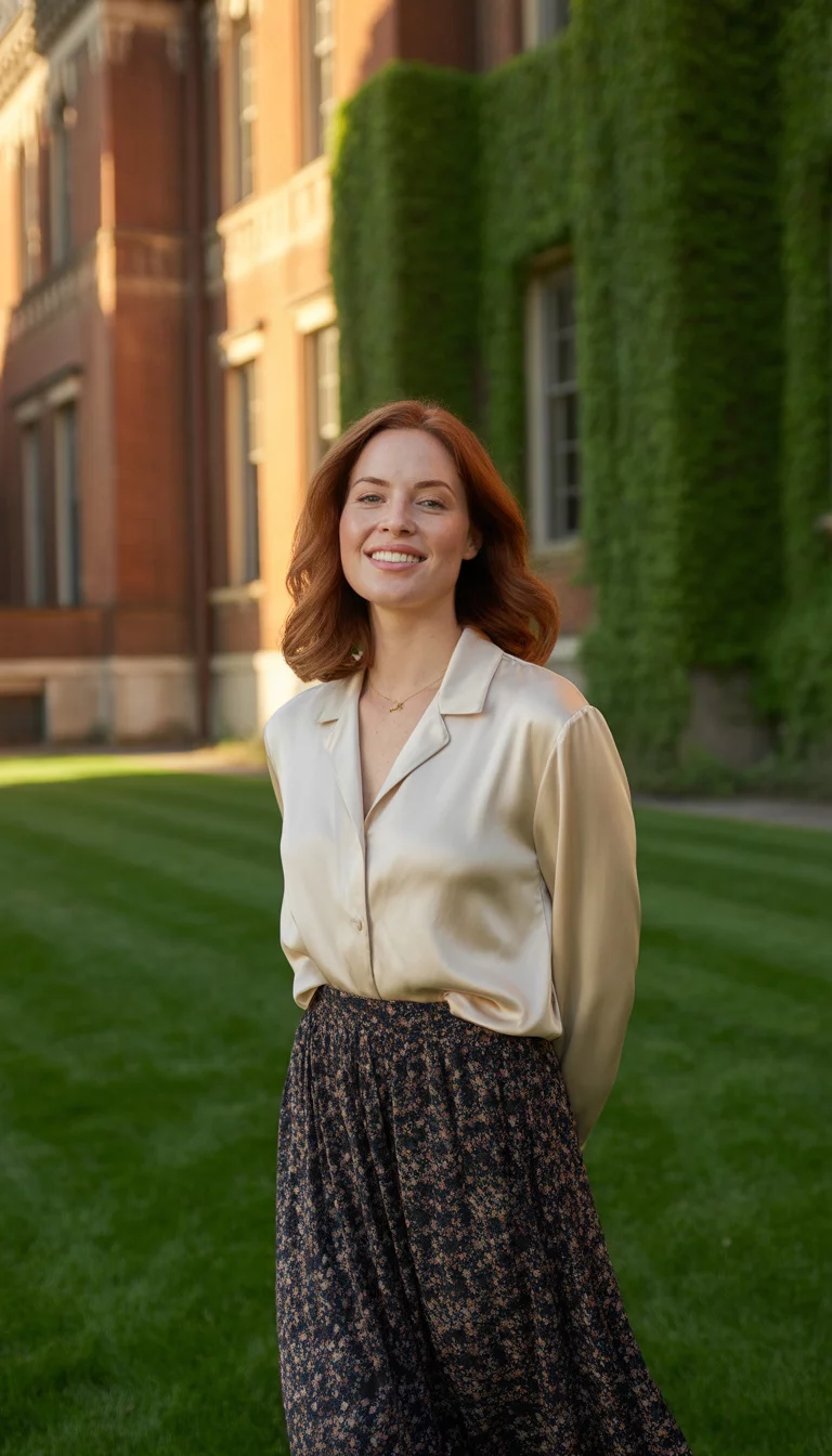 A beautiful 35-year-old woman in a loose cream silk blouse and a dark floral midi skirt, she stands on a lush green lawn in front of a historic brick building.