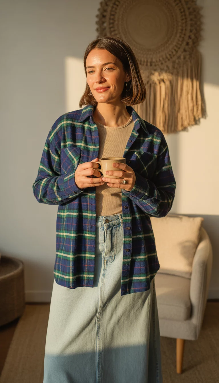A beautiful 31-year-old woman in a blue and green plaid flannel shirt, a beige cotton top, and a long light denim maxi skirt, she holds a coffee cup in a room with woven wall art.