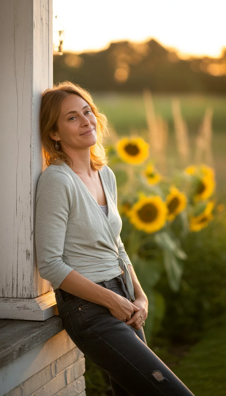 The Elegant Wrap Top A beautiful 45-year-old mother in a light gray wrap top and ripped dark jeans, leaning against a white porch pillar during a golden hour sunset.