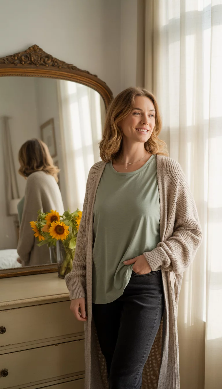 Sage Green and Beige Comfort A beautiful 30-year-old mother in a sage green t-shirt, a beige knit cardigan, and black jeans, posing in front of a mirror in a bright bedroom.
