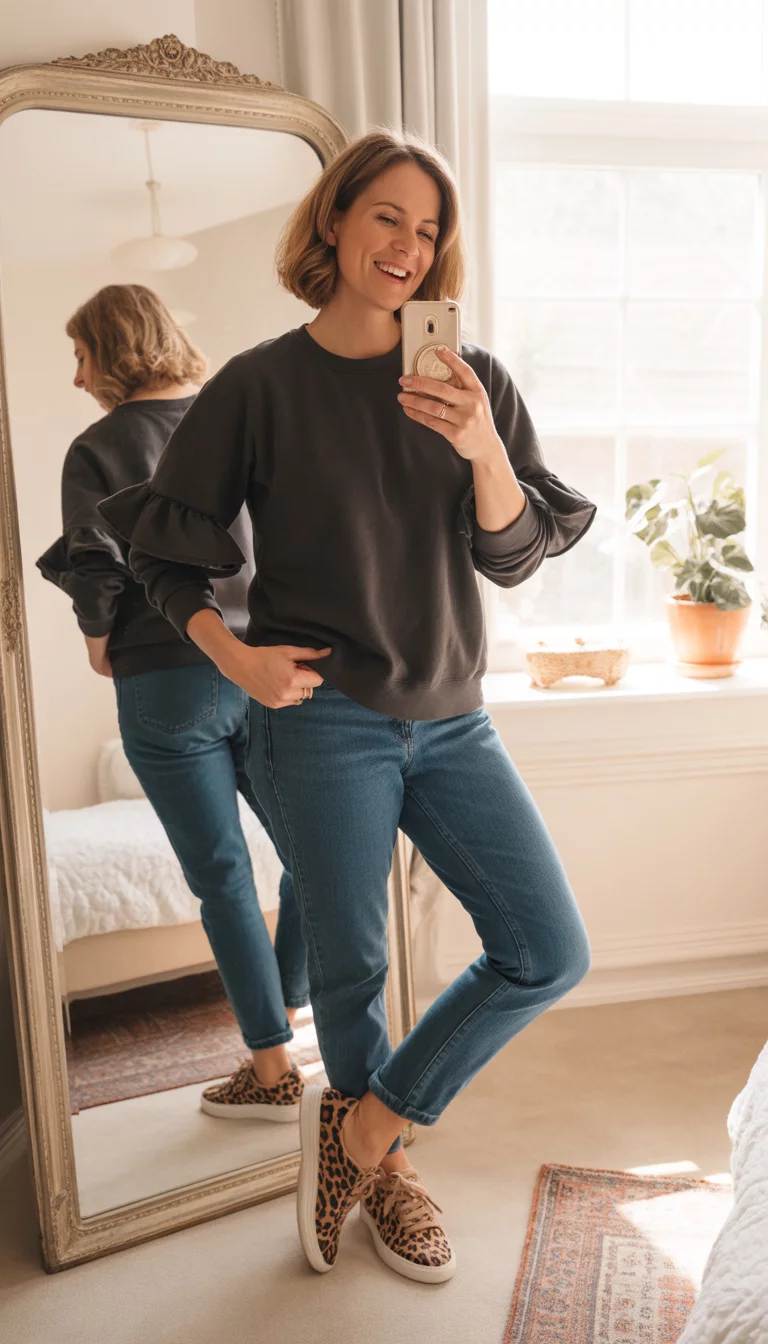Ruffles and Leopard Sneakers A beautiful 36-year-old mother in a black ruffled sweatshirt and blue jeans, taking a mirror selfie while wearing leopard print sneakers.