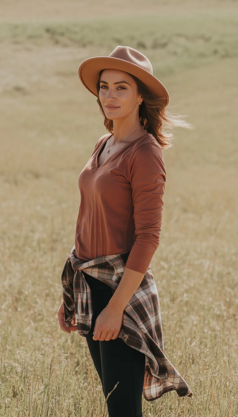 Rust Tones and Plaid Accents A beautiful 32-year-old mother in a rust-colored long-sleeve top, black leggings, and a plaid shirt tied around her waist, wearing a tan fedora.