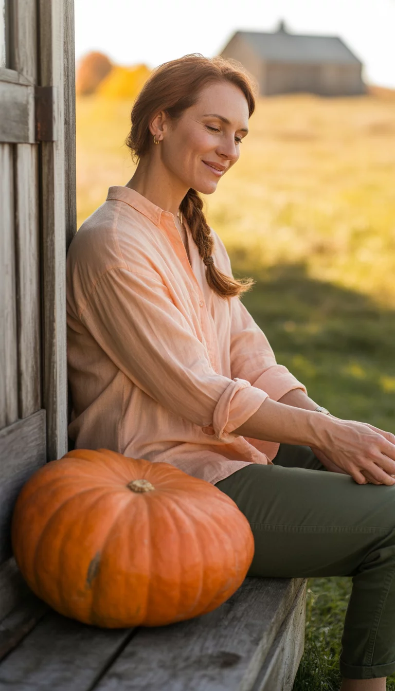 Porch Side Peach and Olive A beautiful 38-year-old mother in an oversized peach-colored long-sleeve shirt and olive green pants, sitting on wooden porch steps next to a large orange pumpkin.