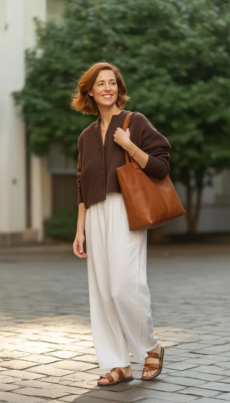 Cropped Cardigans and Wide Legs A beautiful 32-year-old mother in a brown cropped cardigan and white wide-leg pants, carrying a brown leather tote bag on a brick sidewalk.