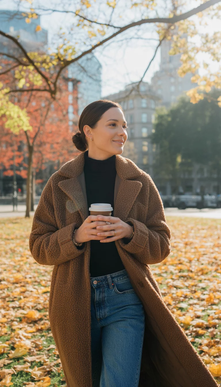 The Essential Teddy Coat A beautiful 29-year-old mother in a black turtleneck, blue jeans, and a brown teddy coat, walking through fallen autumn leaves while holding a white coffee cup in a city park.