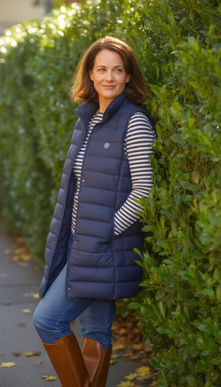 The Puffer Vest and Boots Duo A beautiful 43-year-old mother in a navy puffer vest over a striped long-sleeve shirt and knee-high brown leather boots, standing near a green garden hedge.