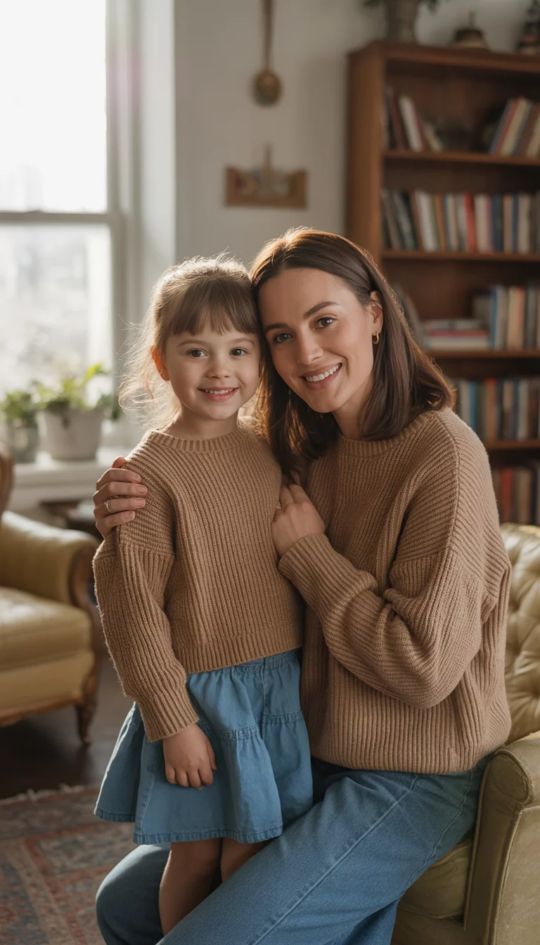 Coordinated Mommy and Me Looks A beautiful 29-year-old mother in a tan knit sweater and denim skirt, standing next to her young daughter in a matching tan sweater and denim skirt.