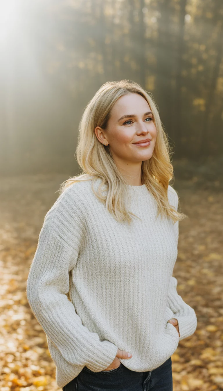 Early Fall Knitwear Energy A beautiful 27-year-old blonde mother in a cream chunky knit sweater and dark blue jeans, posing outdoors against a soft-focus autumn background.