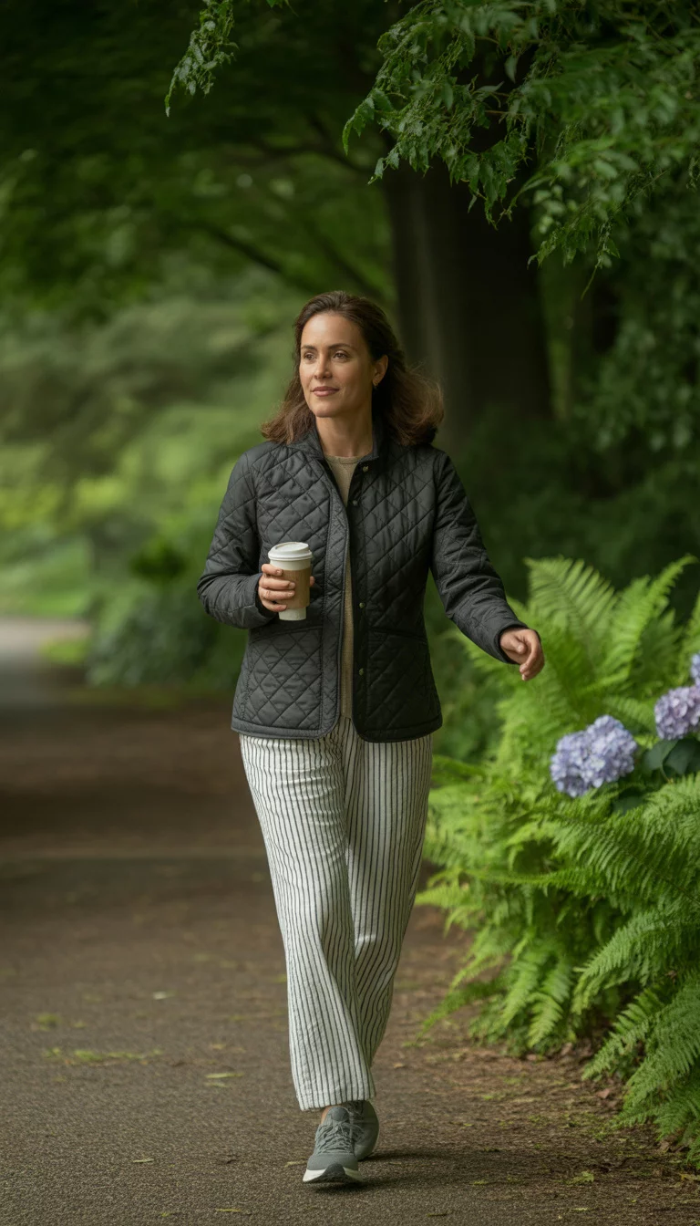 Quilted Jackets and Patterned Pants A beautiful 42-year-old mother in a black quilted jacket and white and dark striped pants, walking outdoors while holding a reusable coffee cup with lush greenery in the background.