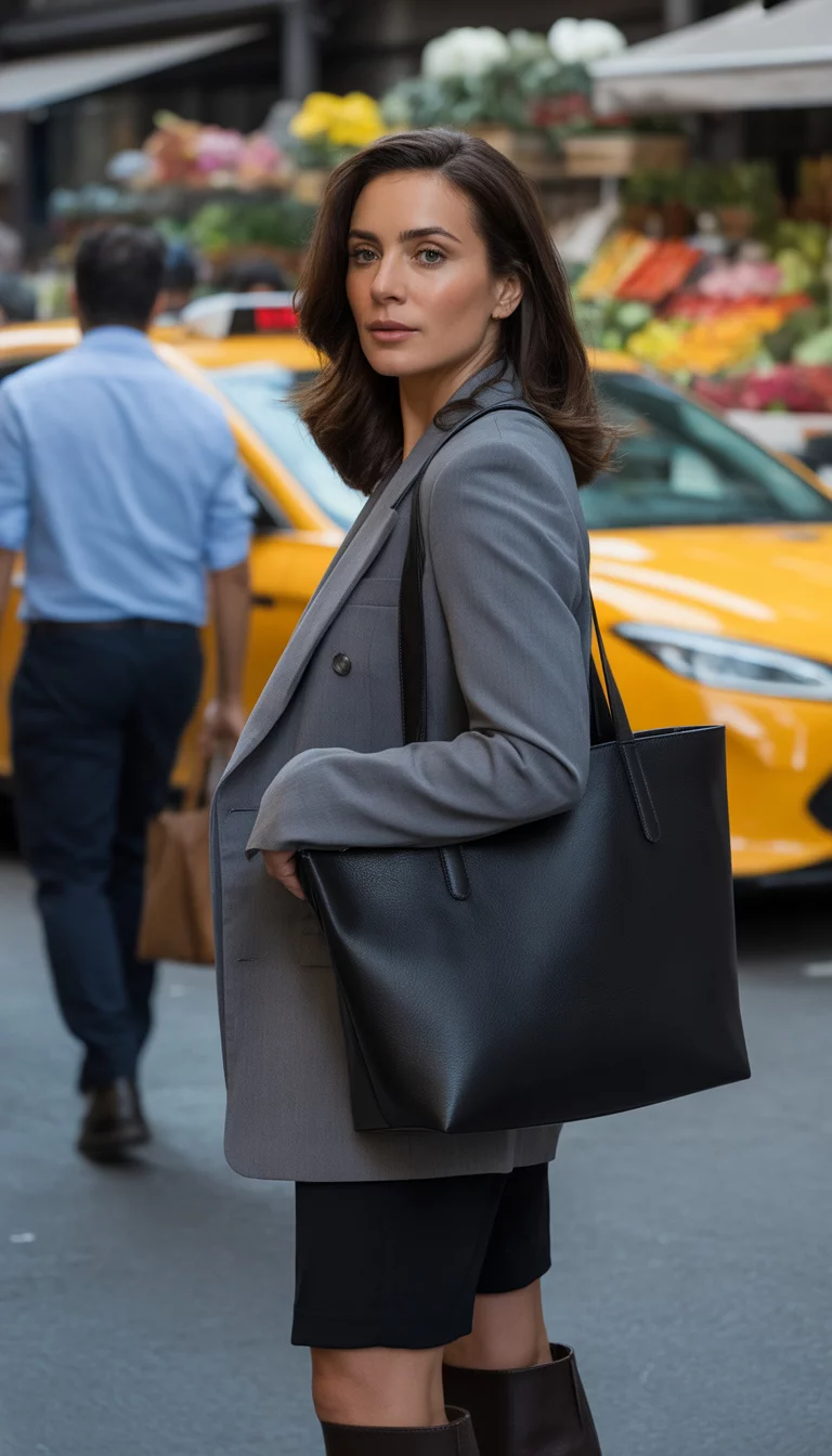 City Chic Blazer and Shorts A beautiful 31-year-old mother in a gray blazer, black shorts, and dark leather boots, posing outdoors in a busy city environment while carrying a large black leather tote bag.