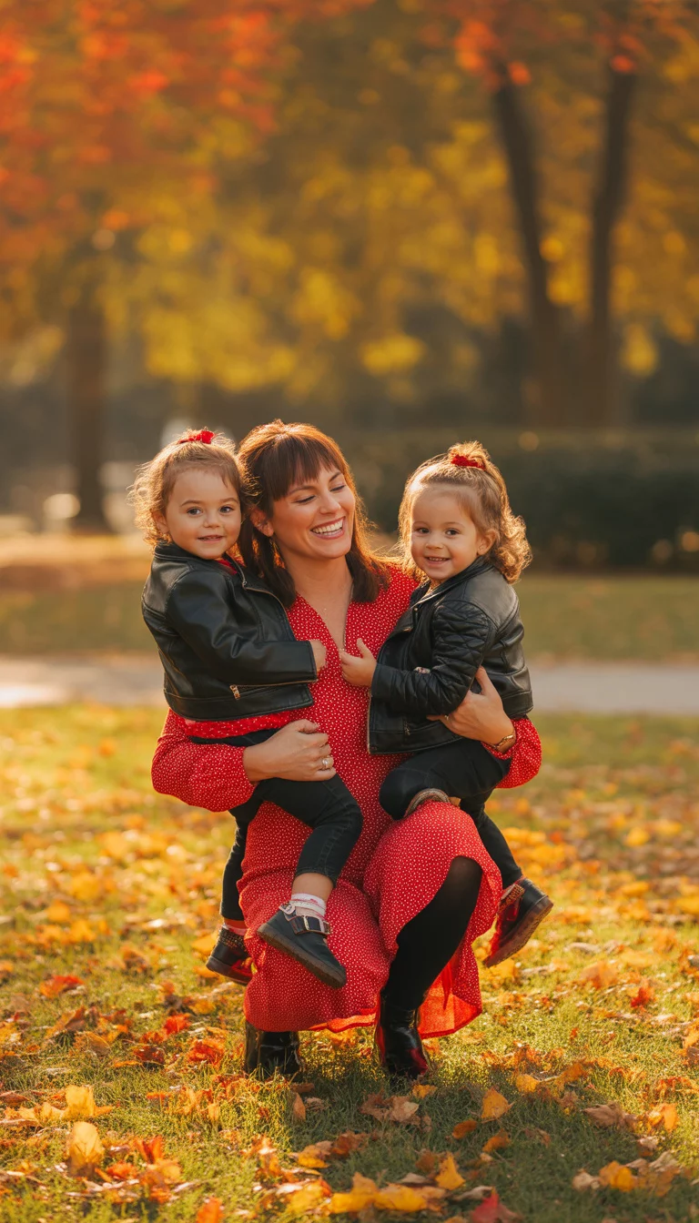 Polka Dots and Edgy Layers A beautiful 35-year-old mother in a red polka dot dress, holding her two daughters who wear black faux leather jackets, in a colorful autumn park.