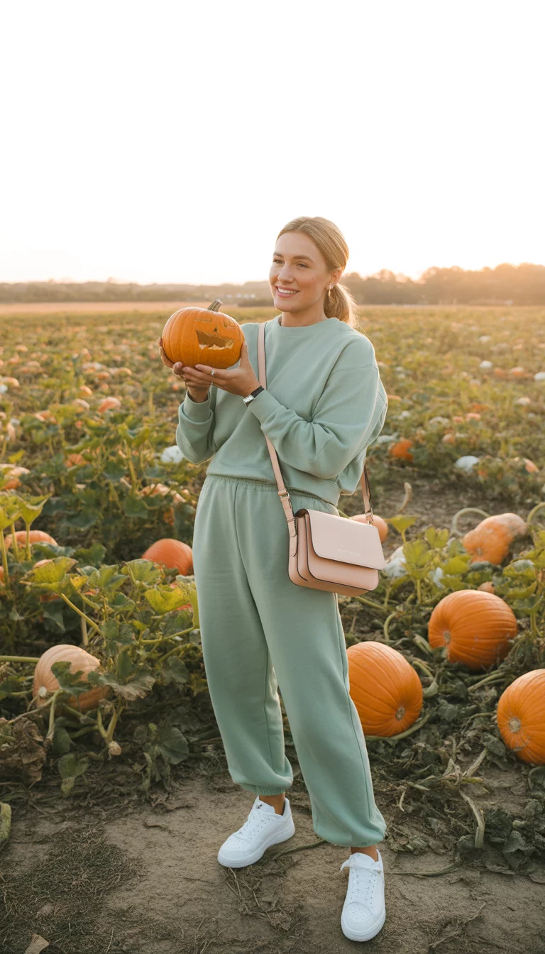 Mint Green in the Pumpkin Patch A beautiful 31-year-old mother in a mint green sweatsuit and white sneakers, standing in a large pumpkin field while wearing a pale leather crossbody bag.