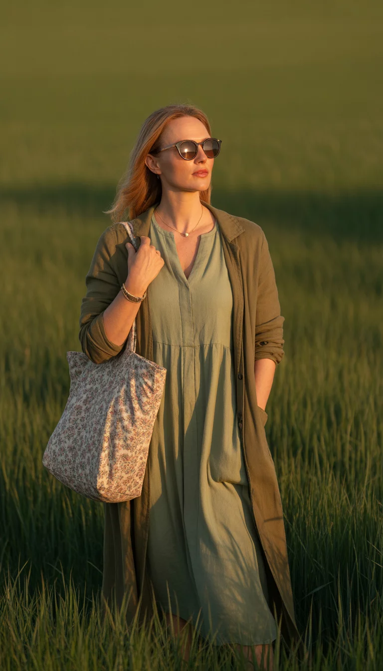 Monochrome Olive Moments A beautiful 37-year-old mother in an olive green dress and matching olive duster jacket, carrying a large floral tote bag and wearing dark sunglasses.
