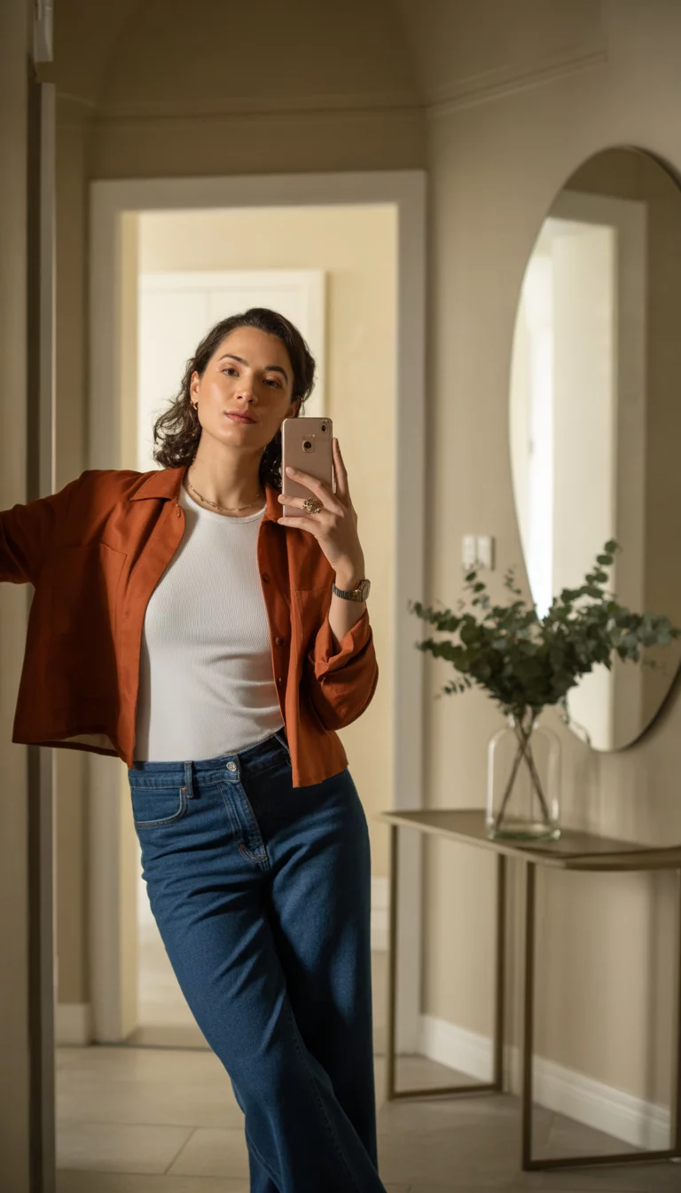 Crops and Rust Accents A beautiful 33-year-old mother in a white ribbed top, dark blue jeans, and a rust-colored cropped jacket, taking a mirror selfie in a stylish hallway.
