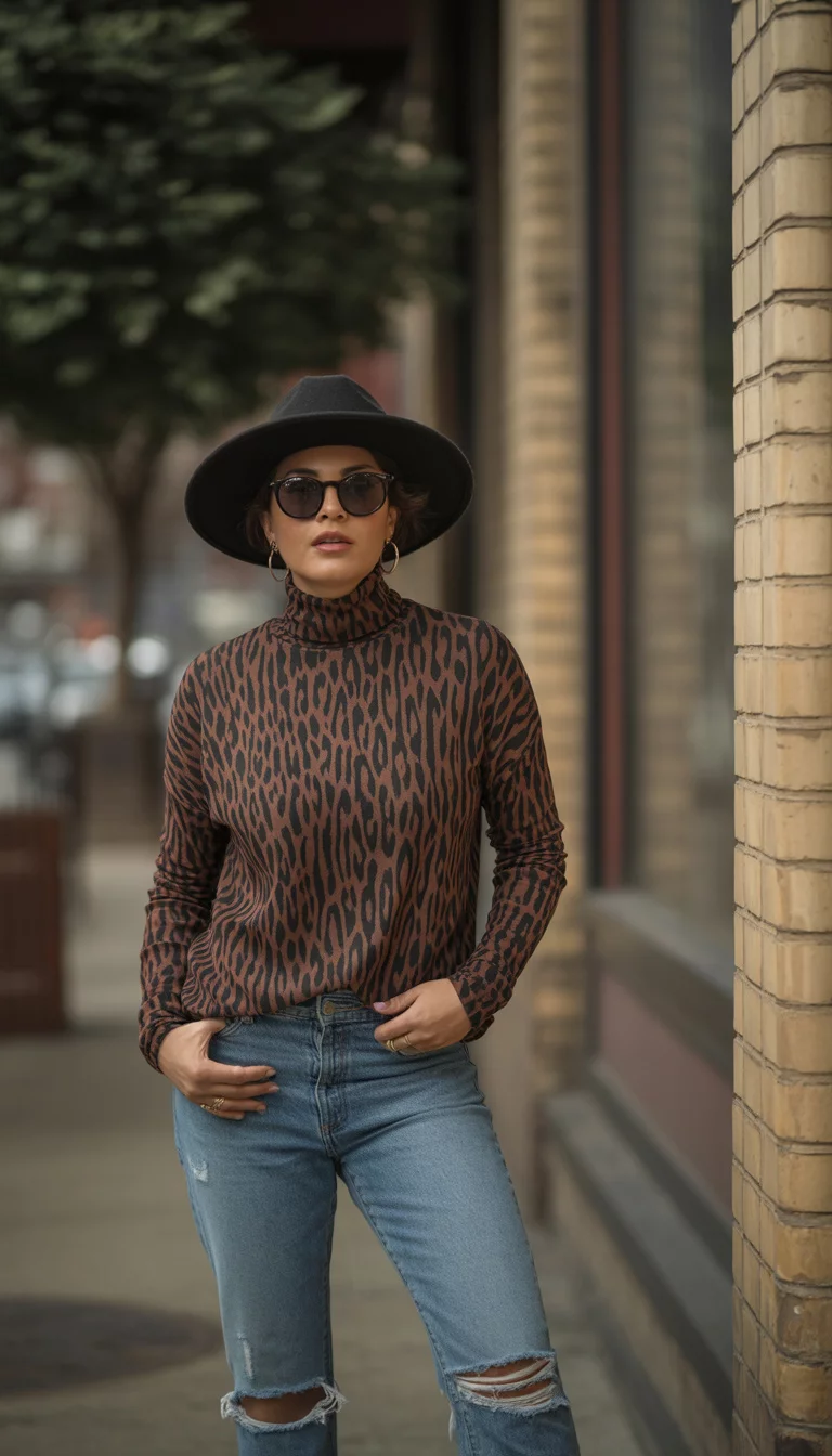 Leopard Print and Bold Accessories A beautiful 28-year-old mother in a leopard print turtleneck and ripped blue jeans, wearing a wide-brimmed black hat and dark sunglasses on a brick sidewalk.