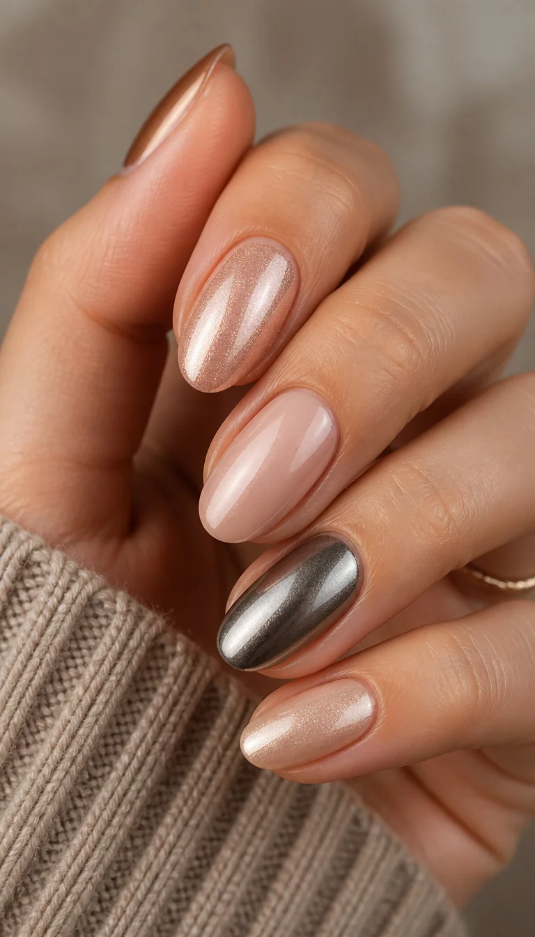 close-up shot of a woman’s hand with five fingers showing oval nails with a pearlescent rose gold and skin-toned shimmer effect, one metallic gunmetal nail, and a dark brown accent.