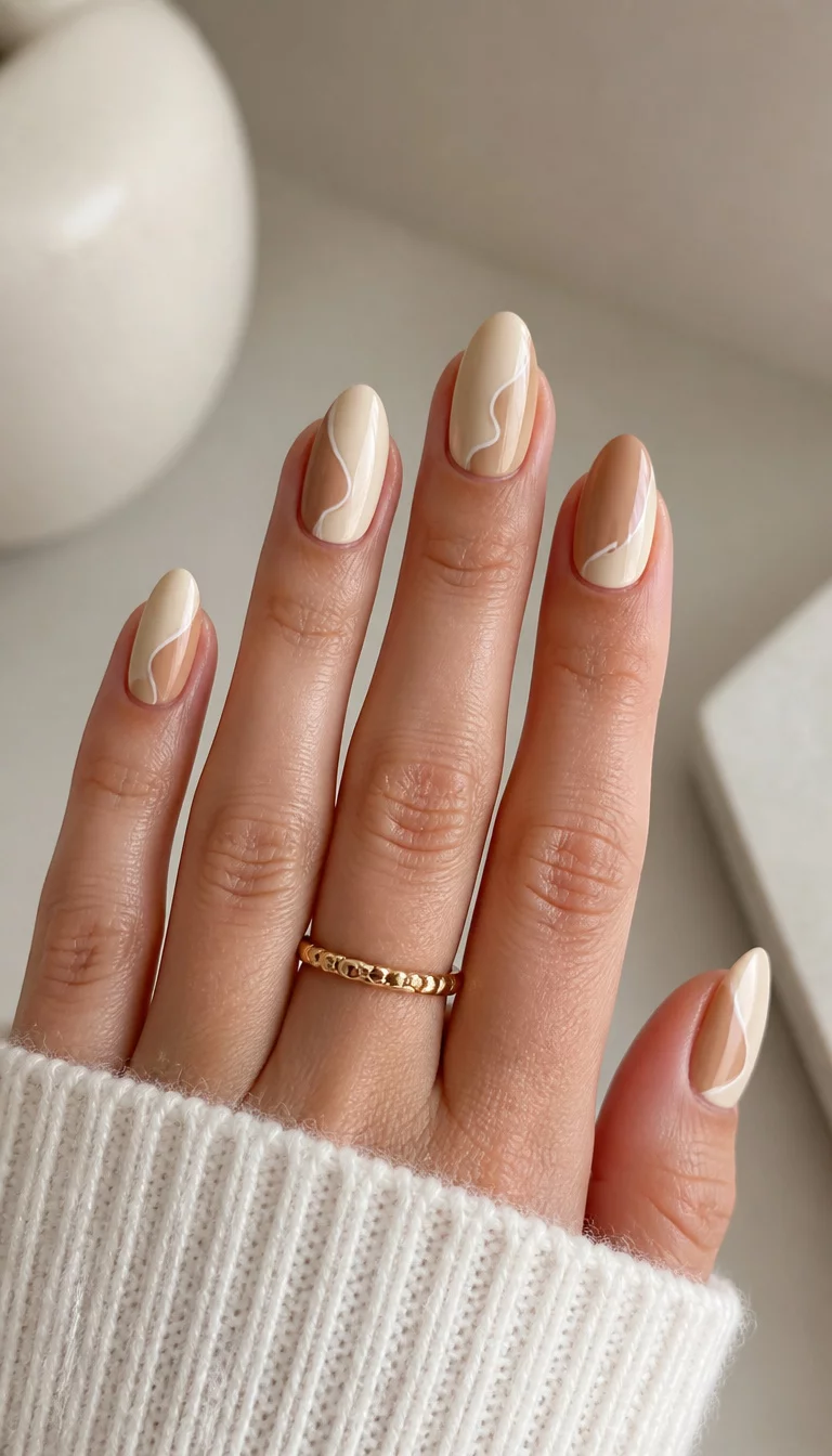close-up shot of a woman’s hand with five fingers showing medium oval nails with a cream and tan color palette and a subtle curved white line, clean modern background.