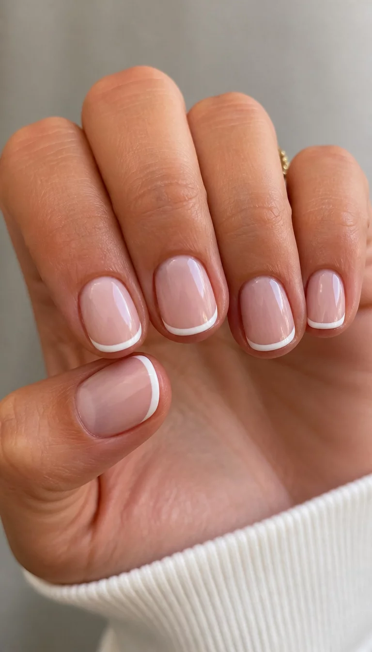 close-up shot of a woman’s hand with five fingers showing short rounded nails with a minimalist French tip using a thin white line over a sheer tan and cream base.