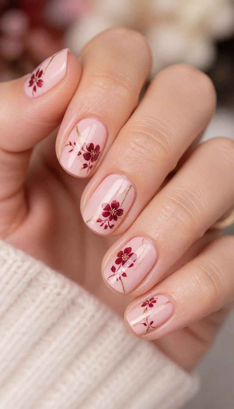 close-up shot of a woman’s hand with five fingers showing short oval nails in a light pink base with gold curved lines and dark red floral designs, soft blurred background.