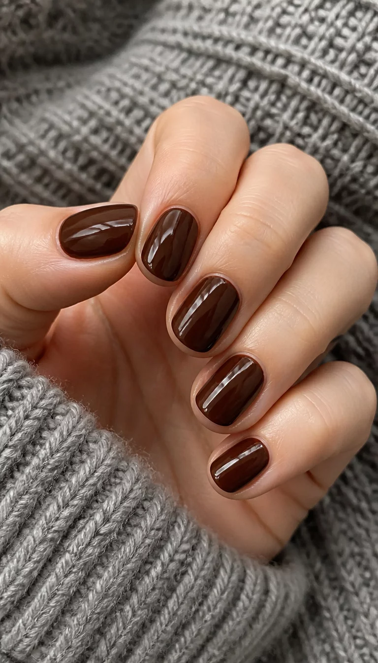 close-up shot of a woman’s hand with five fingers showing short oval nails in glossy deep chocolate brown, background of grey knitted fabric.