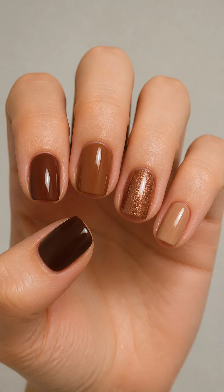 close-up shot of a woman’s hand with five fingers showing short square nails in various shades of brown from deep chocolate to light tan, one nail with subtle shimmer, neutral background.