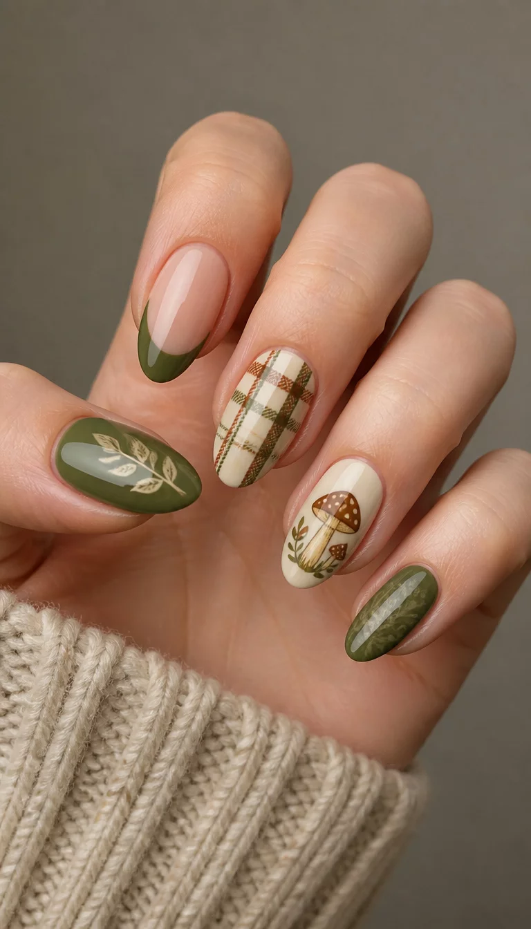close-up shot of a woman’s hand with five fingers showing almond nails with olive green, French tips, plaid patterns, and mushroom and leaf designs, neutral background.