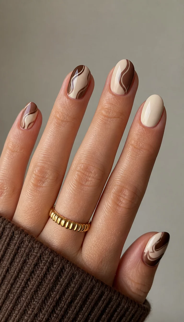 close-up shot of a woman’s hand with five fingers showing short almond nails with abstract swirls in brown and cream, one solid ivory nail, neutral background.