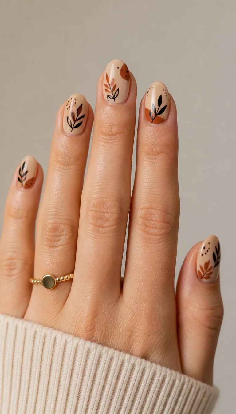 close-up shot of a woman’s hand with five fingers showing short almond nails with a tan base and abstract leaf motifs in terracotta and black, neutral background.