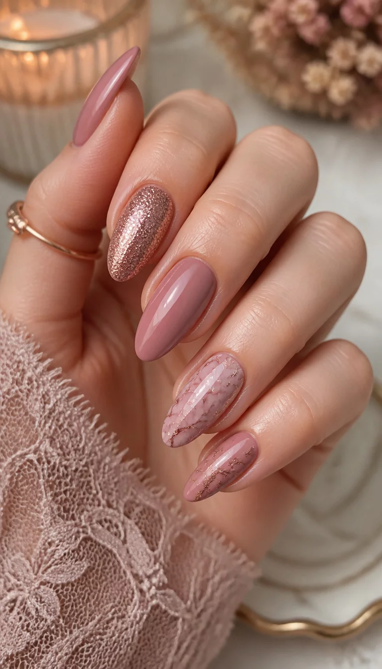 close-up shot of a woman’s hand with five fingers showing almond nails in dusty rose and shimmering rose gold glitter with marble designs, elegant background.