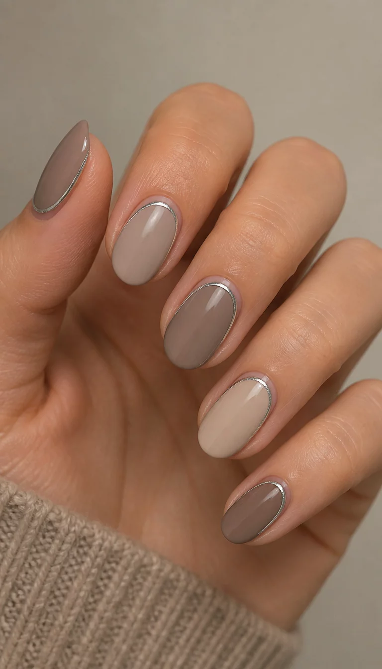 close-up shot of a woman’s hand with five fingers showing oval nails in a taupe and light tan palette with silver oval outlines around the nail beds, neutral background.