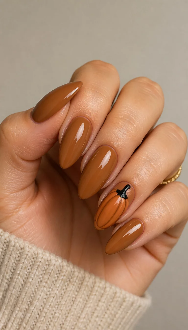close-up shot of a woman’s hand with five fingers showing almond nails in a caramel brown shade with one nail featuring a pumpkin design with a black stem, neutral background.