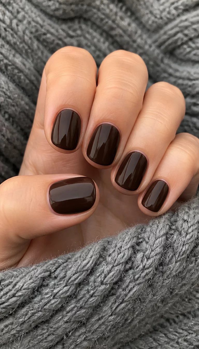 close-up shot of a woman’s hand with five fingers showing short rounded nails in glossy dark espresso brown, background of soft grey knitted fabric.