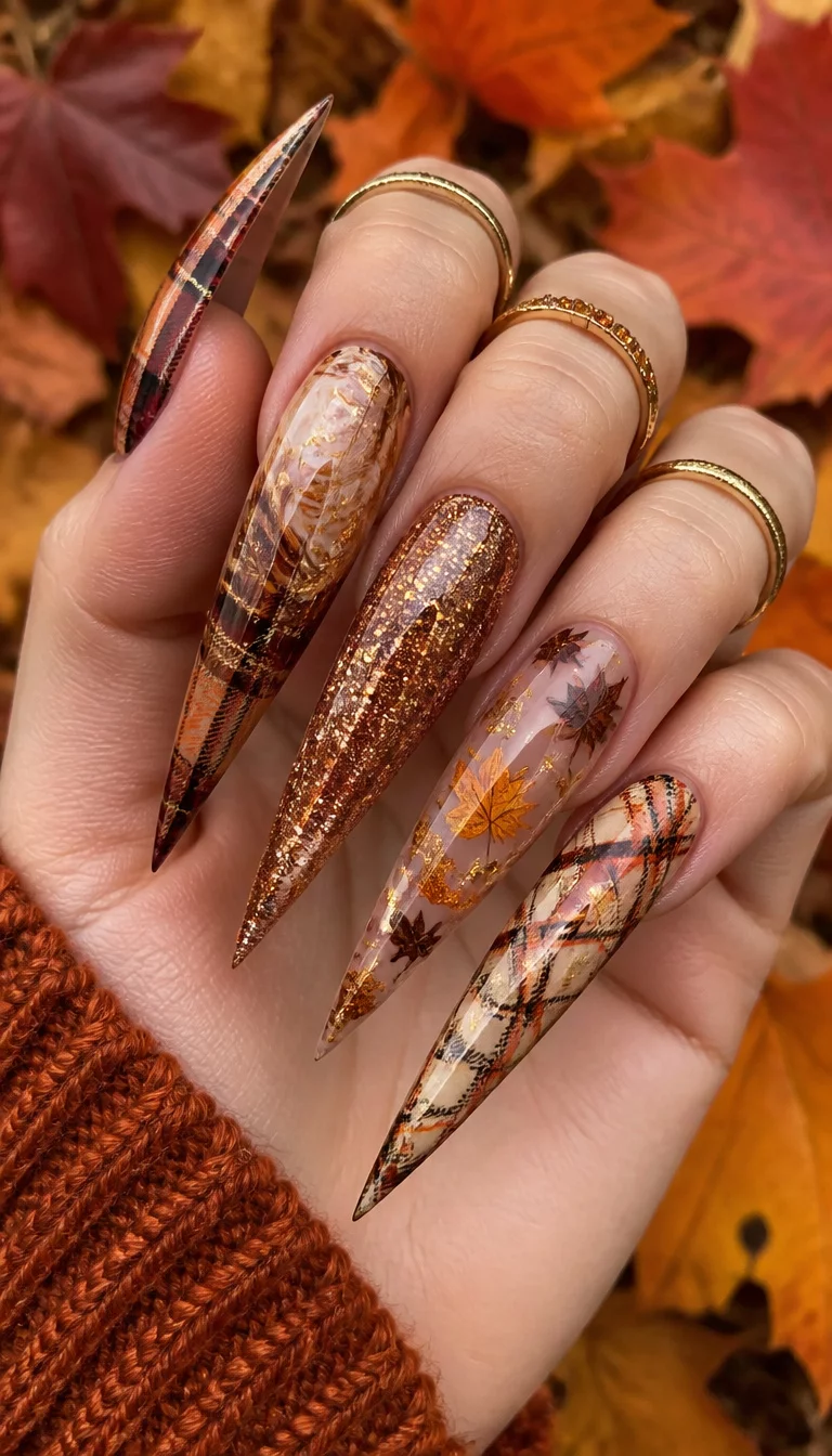 close-up shot of a woman’s hand with five fingers showing extremely long stiletto nails with plaid patterns, marbling, glitter, and fall leaf art, autumn leaf background.