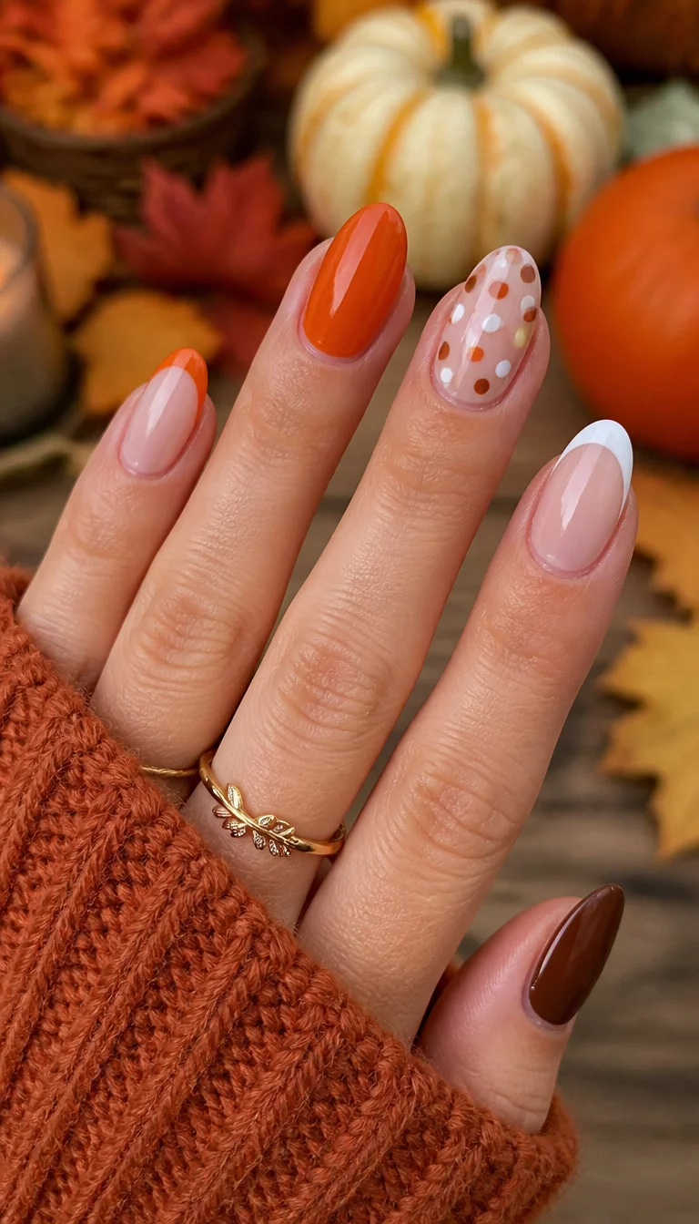 close-up shot of a woman’s hand with five fingers showing a variety of fall nails including orange and white French tips, polka dots, and solid brown, autumnal background.