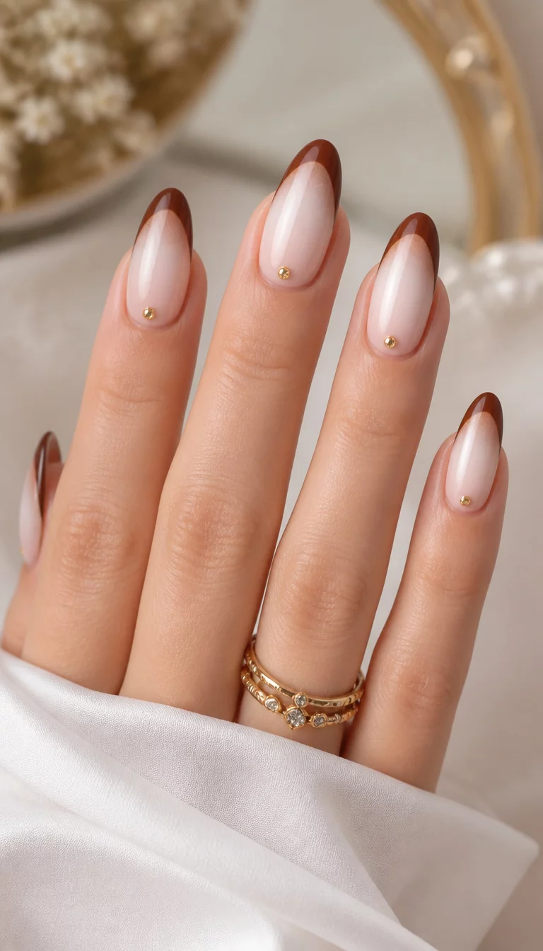 close-up shot of a woman’s hand with five fingers showing almond nails with a brown French tip and a white ombre fade, accented with a small gold jewel, elegant background.