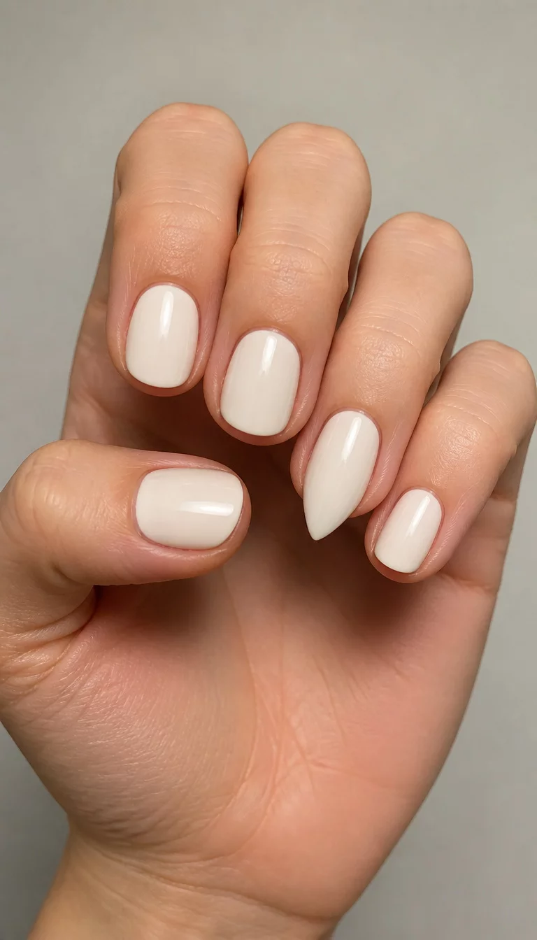 close-up shot of a woman’s hand with five fingers showing short rounded nails in soft off-white with one accent nail shaped to a point, clean background.