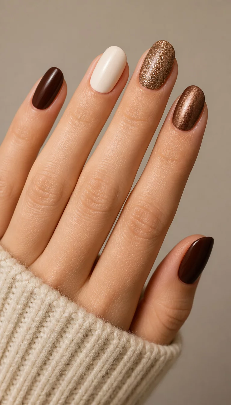 close-up shot of a woman’s hand with five fingers showing oval nails in deep brown, ivory, and shimmering bronze glitter, one glossy brown nail, neutral background.